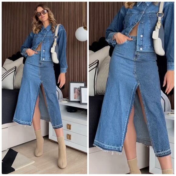 Mango Denim Midi Skirt Two Toned New